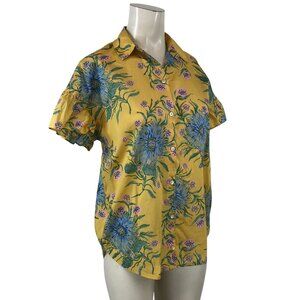 MADEWELL - WOMEN'S XS - YELLOW FLORAL SHORT SLEEVE BUTTON COLLARED COTTON TOP